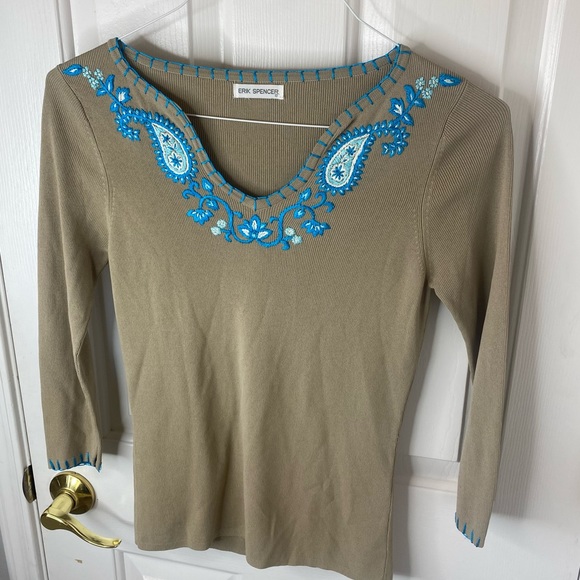 Erik Spencer Khaki Turquoise White Embroidery Sweater Top S - Picture 3 of 9